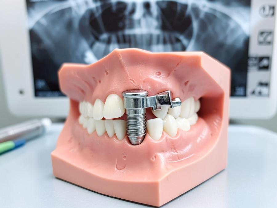 Titanium dental implant with abutment shown in a jaw model beside a dental X-ray
