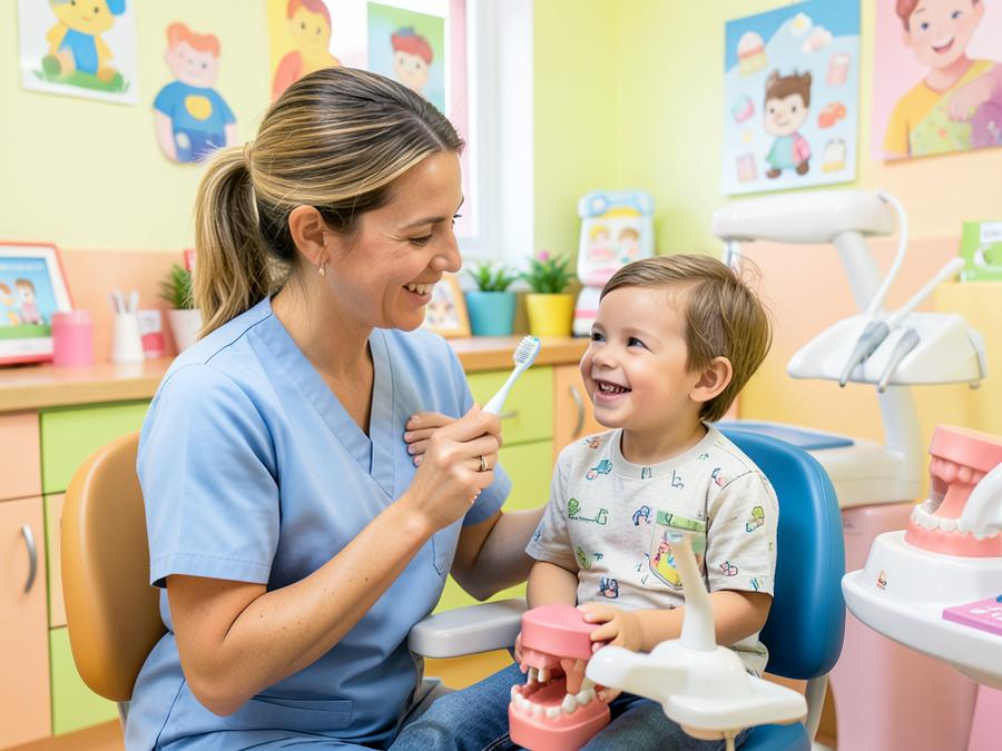 Child-friendly paediatric dental visit with a smiling young patient