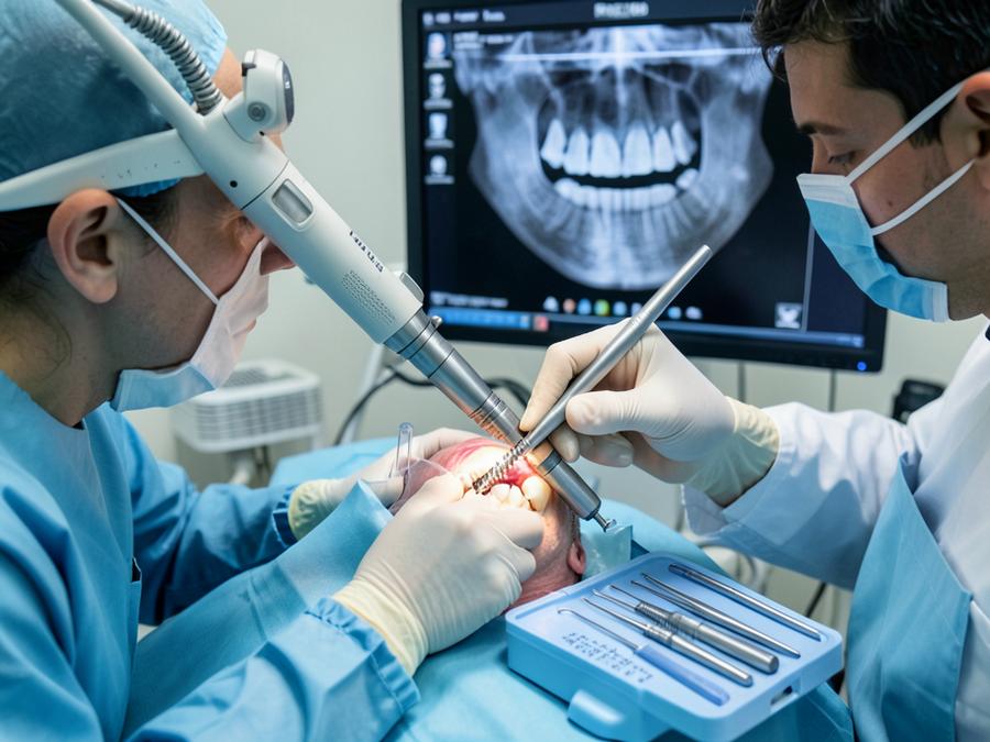 Rotary root canal treatment being performed with dental X-ray on screen