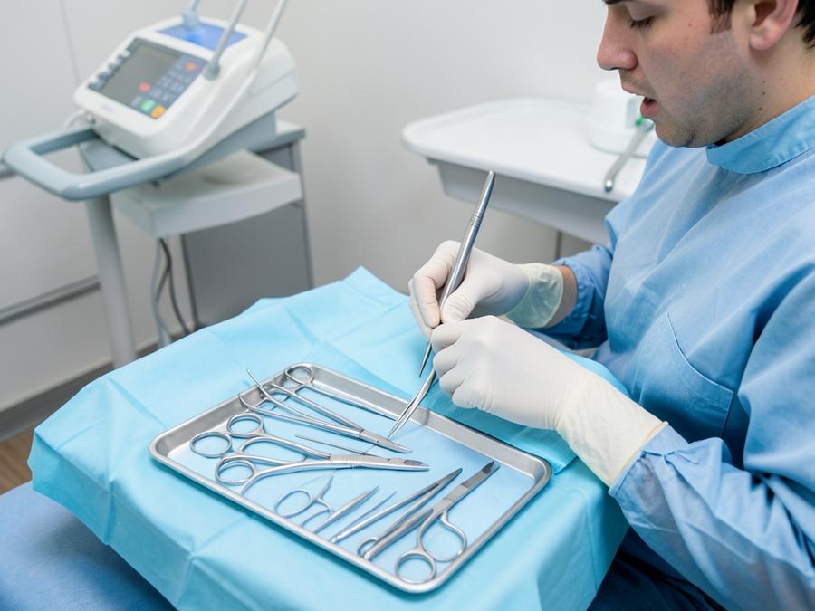 Sterile tray of oral surgery instruments prepared for a dental extraction