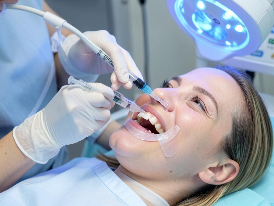 In-clinic teeth whitening with whitening gel and LED lamp